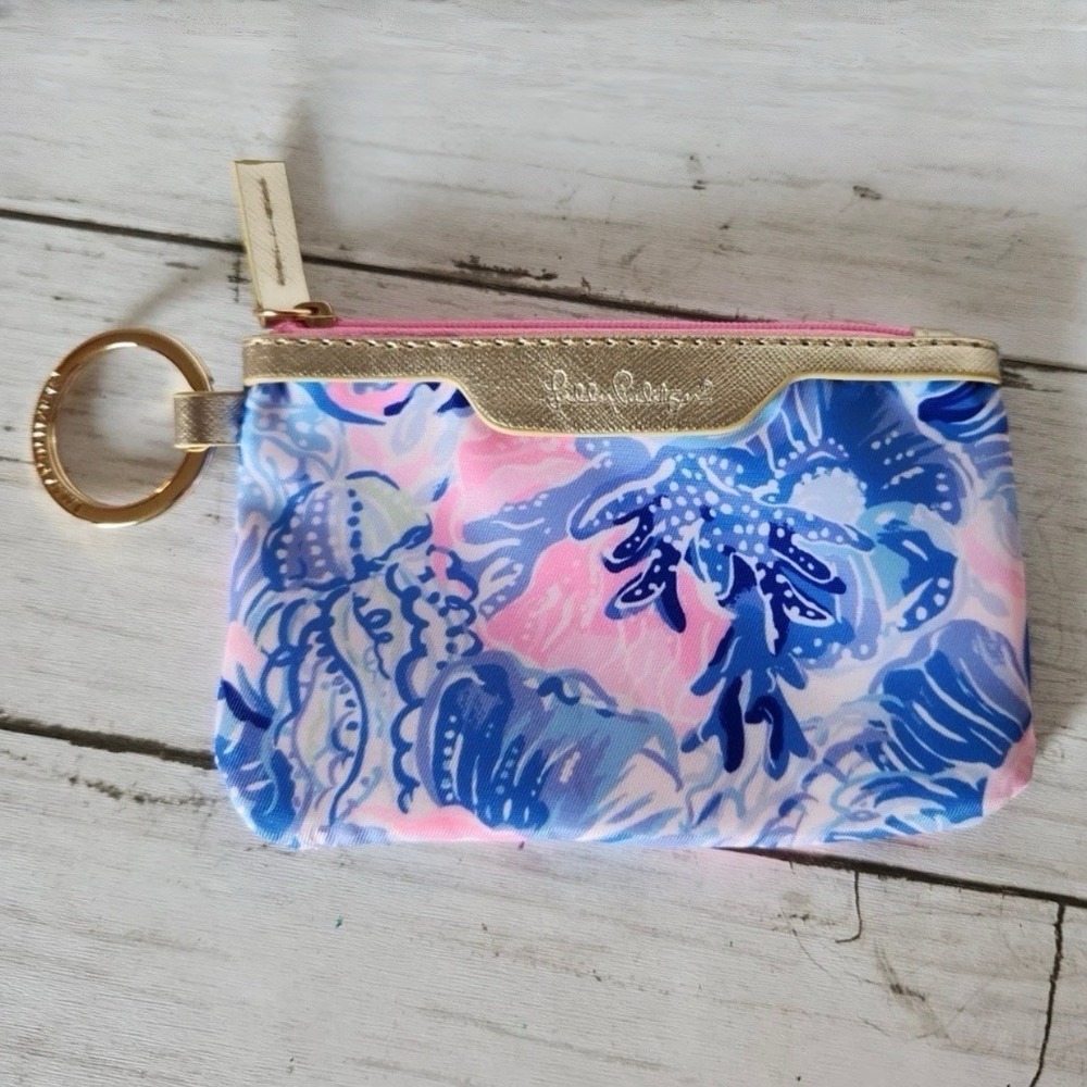 Lilly Pulitzer Shade Seekers ID Wallet Pink Blue Coin Purse Keychain